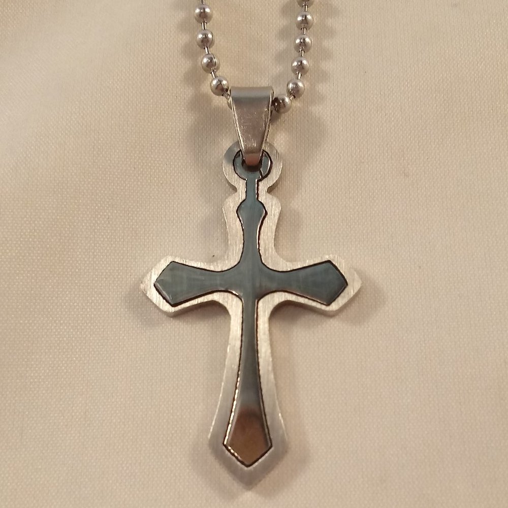 Mens Stainless Steel Cross Cut Fit Pendant Bead Chain Necklace 23" Gorgeous Gift - Picture 2 of 4